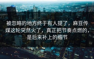 被忽略的地方终于有人提了，麻豆传媒这轮突然火了，真正把节奏点燃的，是后来补上的细节