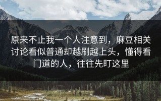 原来不止我一个人注意到，麻豆相关讨论看似普通却越刷越上头，懂得看门道的人，往往先盯这里